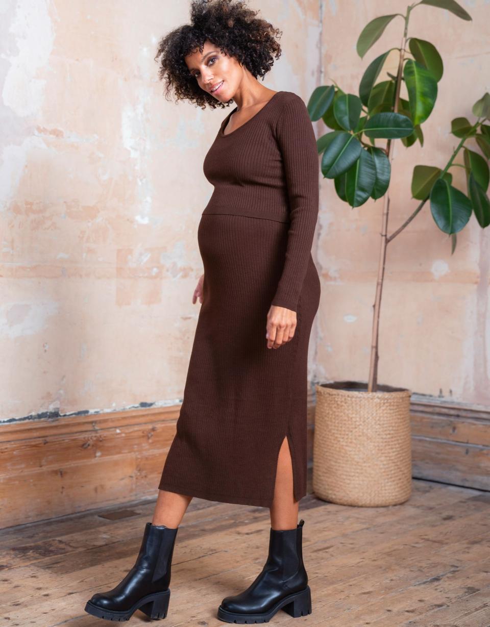 Brown Ribbed Maternity &amp; Nursing Dress | Women Seraphine Jumpers &amp; Knitwear