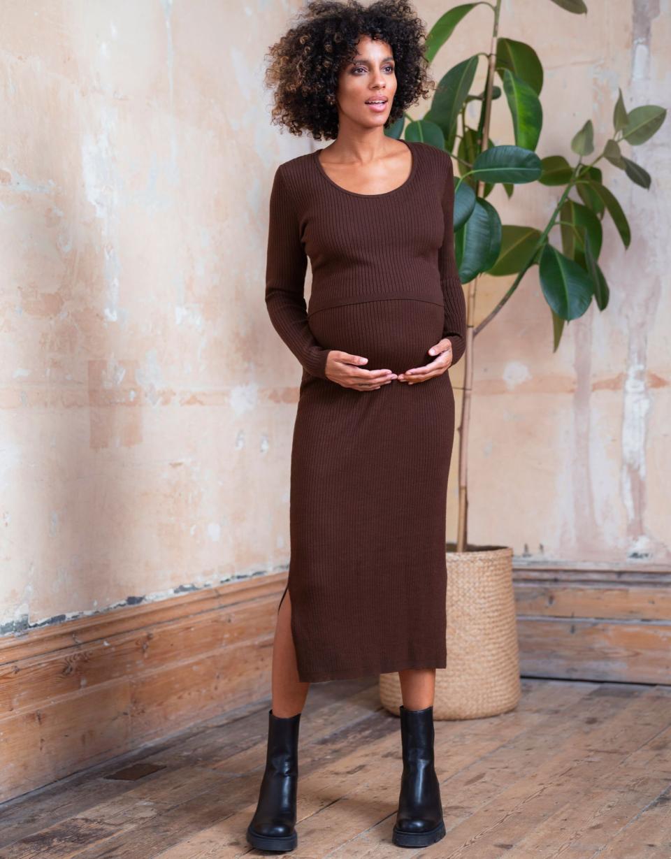Brown Ribbed Maternity &amp; Nursing Dress | Women Seraphine Jumpers &amp; Knitwear