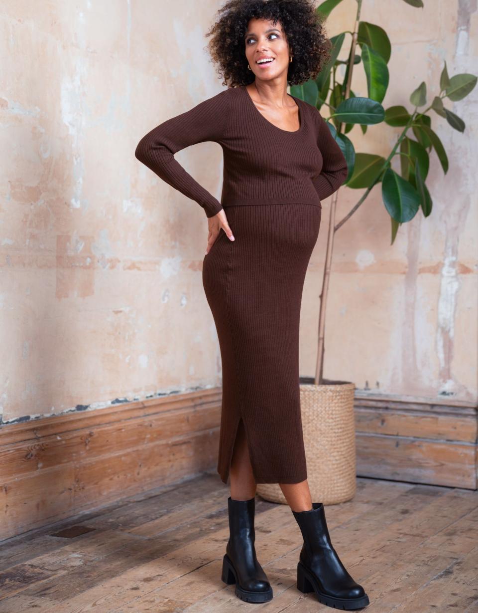Brown Ribbed Maternity &amp; Nursing Dress | Women Seraphine Jumpers &amp; Knitwear