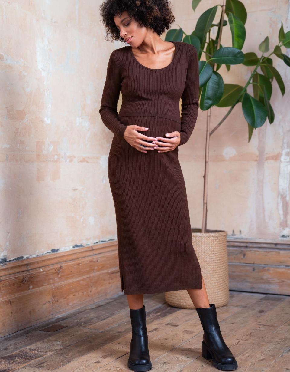 Brown Ribbed Maternity &amp; Nursing Dress | Women Seraphine Jumpers &amp; Knitwear