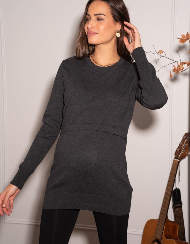 Charcoal Cotton Lift Up Maternity &amp; Nursing Sweater | Women Seraphine Tops