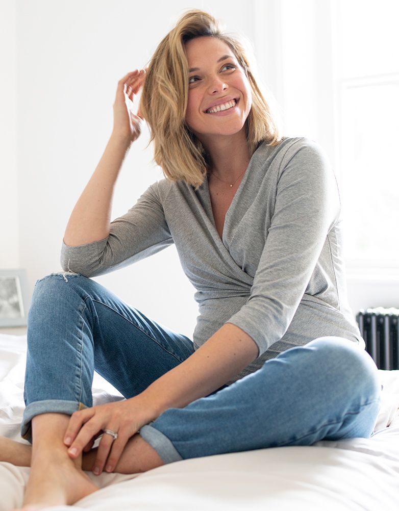 Grey Cotton ¾ Sleeve Skin To Skin Top | Women Seraphine Essentials