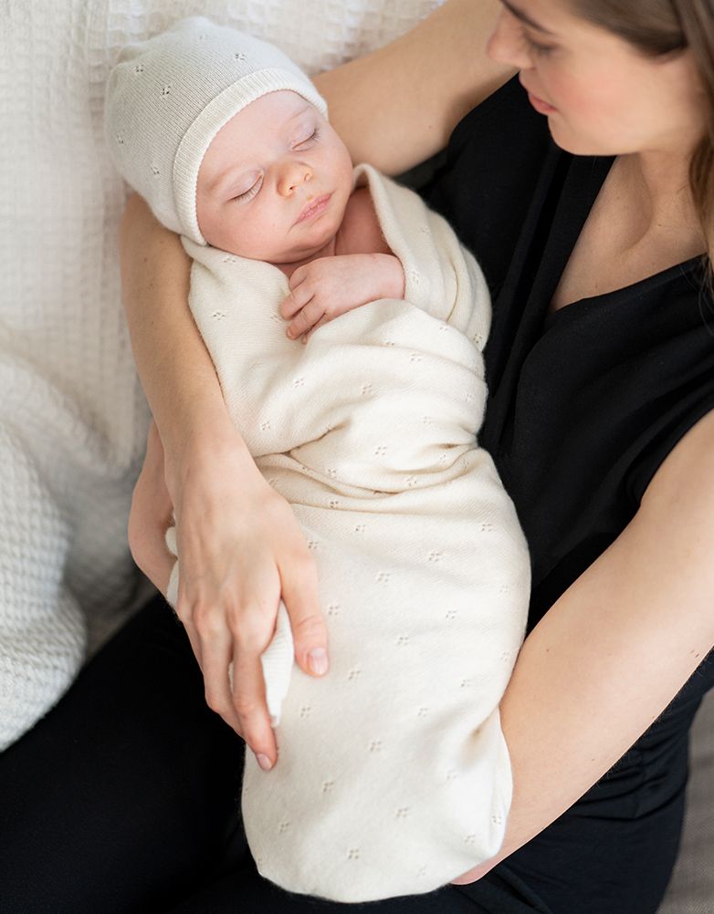 Mini Cotton &amp; Cashmere Ivory White Knitted Baby Blanket | Baby Seraphine Baby Clothes