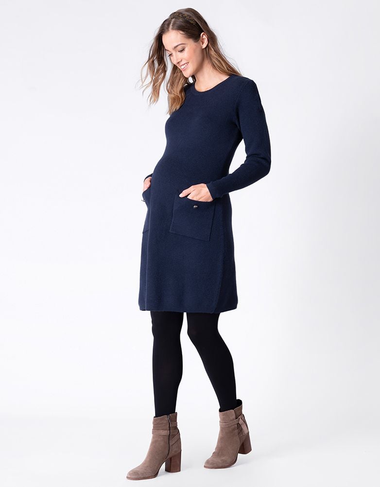 Navy Knitted Maternity &amp; Nursing Dress With Pockets | Women Seraphine Jumpers &amp; Knitwear