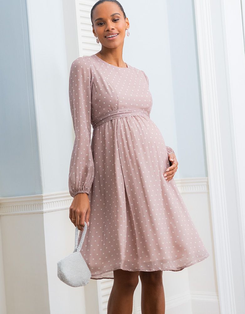 Taupe &amp; White Spot Chiffon Maternity To Nursing Dress | Women Seraphine Dresses