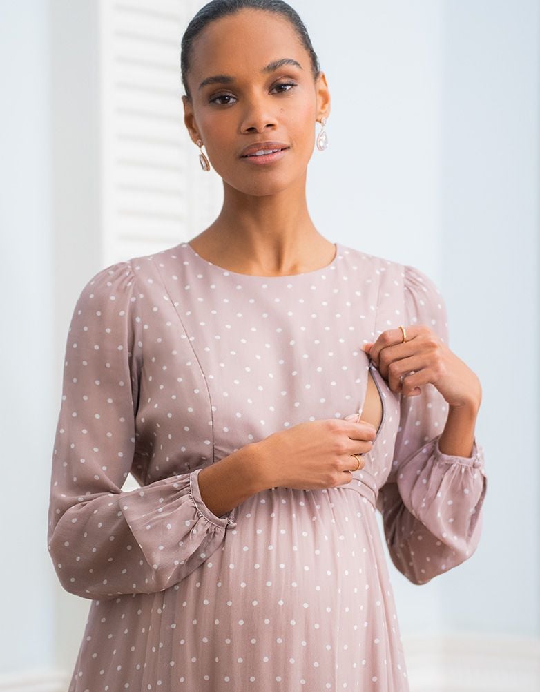 Taupe &amp; White Spot Chiffon Maternity To Nursing Dress | Women Seraphine Dresses