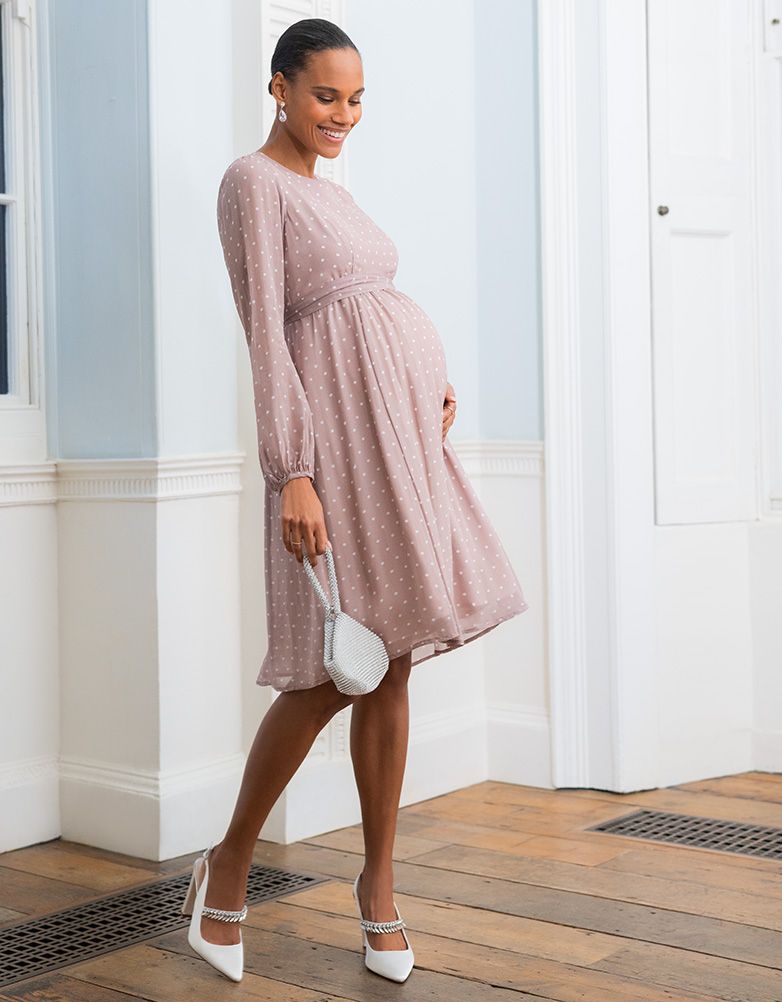 Taupe &amp; White Spot Chiffon Maternity To Nursing Dress | Women Seraphine Dresses