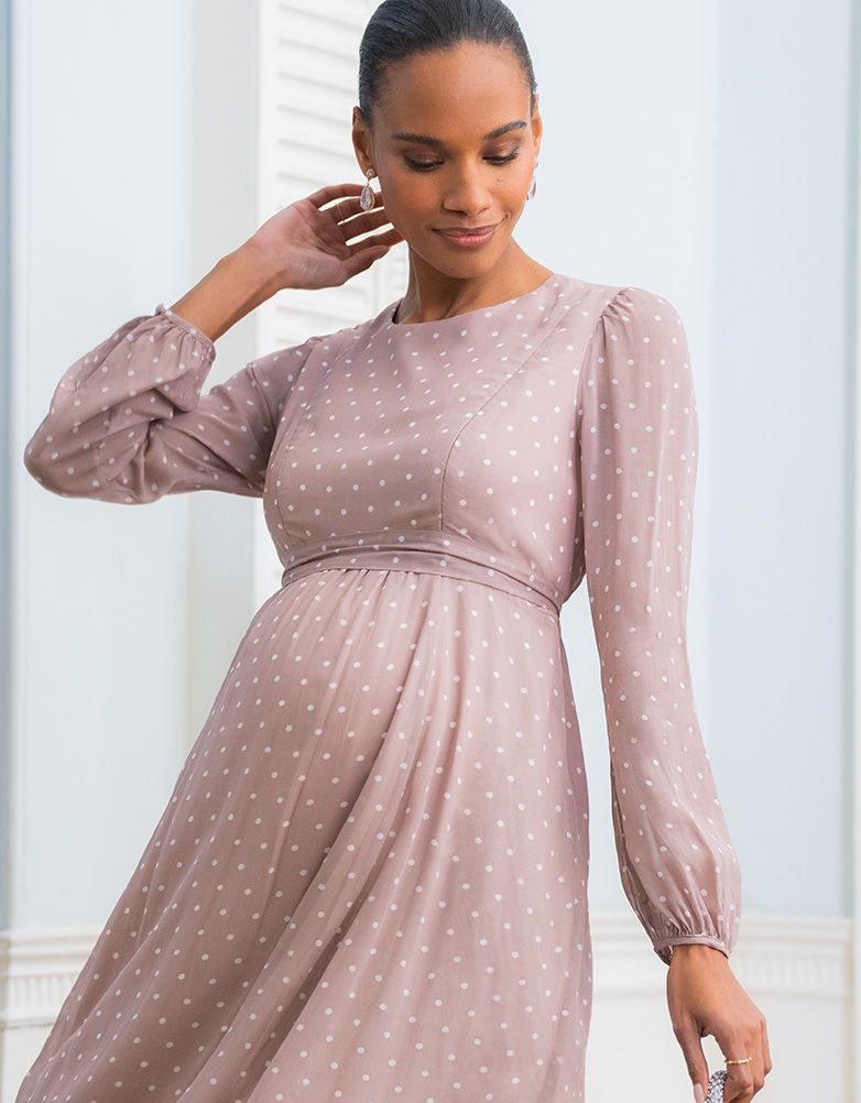 Taupe &amp; White Spot Chiffon Maternity To Nursing Dress | Women Seraphine Dresses