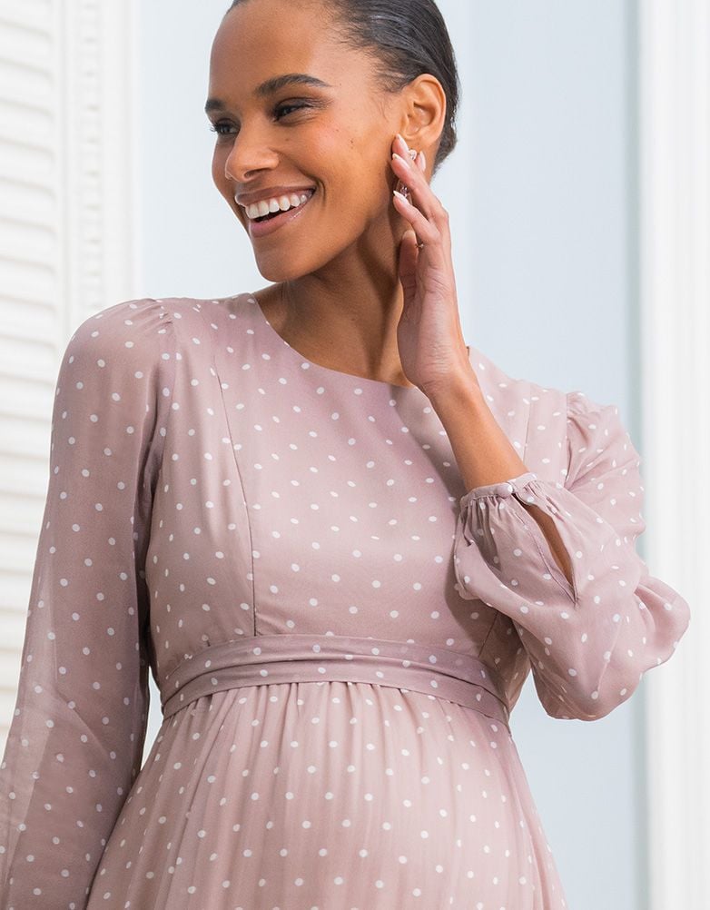 Taupe &amp; White Spot Chiffon Maternity To Nursing Dress | Women Seraphine Dresses